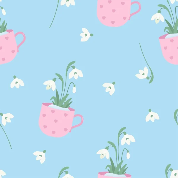 Floral spring seamless pattern. Snowdrop flowers in cup on light blue background. Vector illustration. Botanical pattern for decor, design, packaging, wallpaper, textile