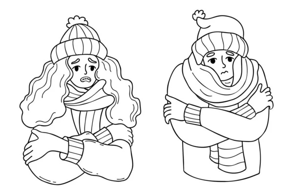 ニット帽をかぶった冷たい女の子と男とスカーフの寒さを着て震えに包まれた 概要ベクターイラスト 手描きのドア 冬の季節と気温がマイナス — ストックベクタ