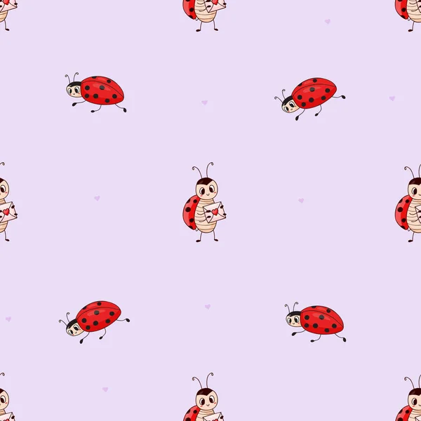 Seamless pattern with cute ladybugs with love letter on purple background. Vector illustration. Endless background for kids collection, valentines day, decor, design, packaging, wallpaper