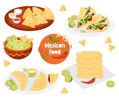 Collection traditional Mexican food Quesadilla, Taco, Empanadas, corn tortillas and guacamole with nachos. Isolated vector illustrations latin national american cuisine for culinary theme design