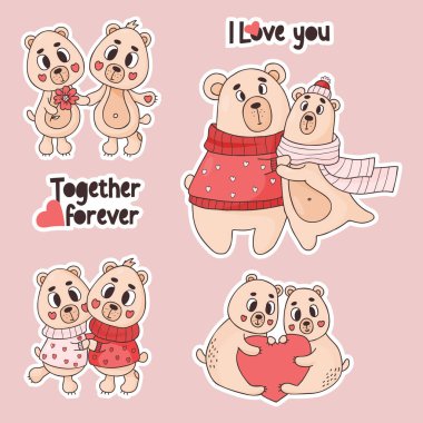 Set stickers cool teddy bear. Cute couple bears in love with heart and flower. Vector isolated funny animals for design, decor, printing, greeting cards, valentines