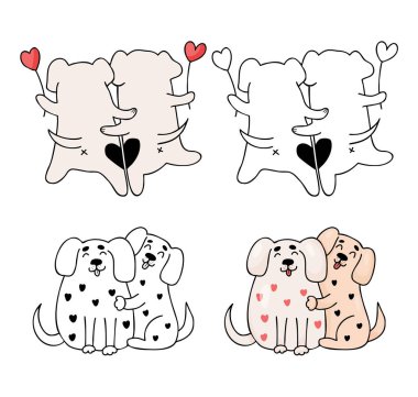 Loving dogs. Romantic pets with heart and cute hugging puppy. Vector illustration. Isolated outline drawings and colored doodle for design and decor of valentines, love postcards, printing