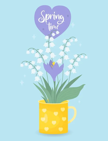 Bouquet Spring Flowers Lilies Valley Purple Crocus Cup Spring Time — Stock Vector