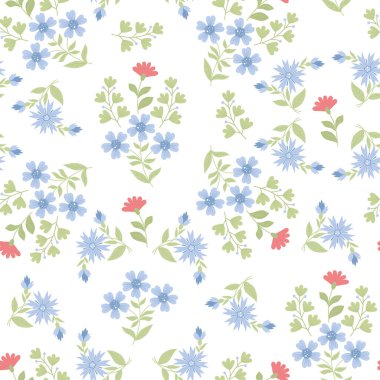 Floral seamless pattern. Scattered flowers, cornflower, plant branches and leaves on white background. Vector illustration in flat style