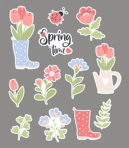 Collection Stickers Spring Time Rubber Boot Watering Can Bouquet Tulips — Stockvector