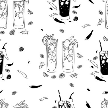 Seamless pattern with glasses of Mexican cocktails Vampiro and Charro Negro on white background with chili peppers and lime slices. Vector endless background latin american drinks in doodle style