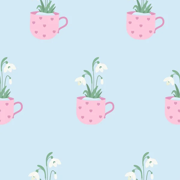 Seamless pattern. Blooming spring snowdrop flowers in cup on light blue background. Vector illustration. Botanical pattern for decor, design, packaging, wallpaper, textile