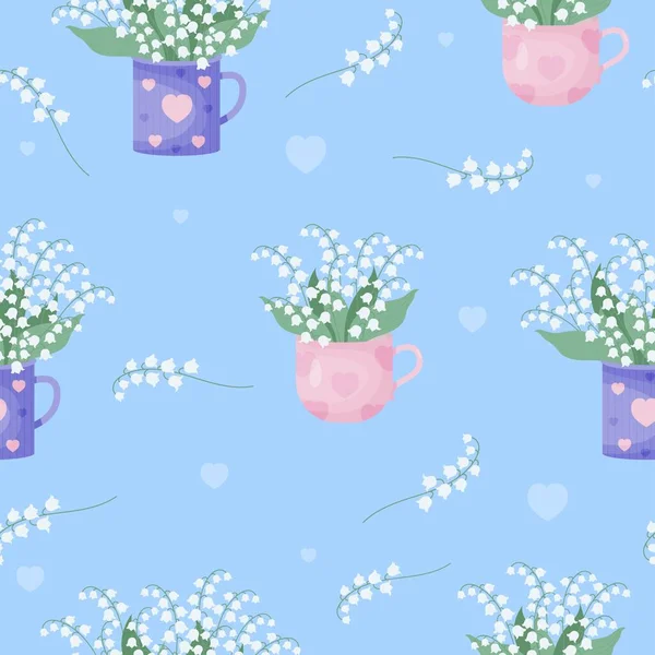 Floral Seamless Pattern Bouquets Flowers May Lilies Valley Cup Blue — ストックベクタ