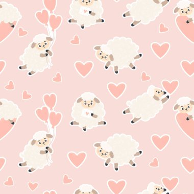 Yumuşak pembe arka planda sevimli koyunları ve kalpleri olan pürüzsüz bir desen. Vektör çizimi. Sevgililer günü kartları, duvar kağıtları, ambalajlar, baskılar, çocuk koleksiyonu için sonsuz bir arkaplan