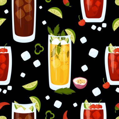 Seamless pattern with Mexican cocktails. Passion Fruit Mojito, Charro Negro and Cherry limeade drink in glass on black background with ice cubes and chili. Vector pattern with latin american drink