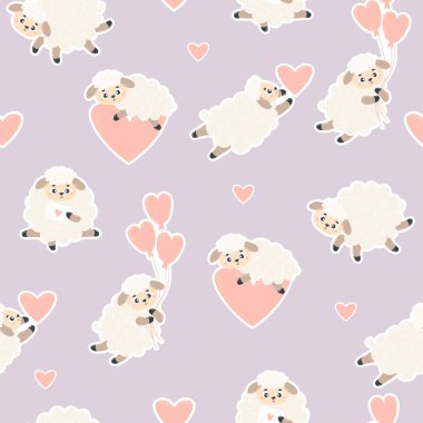 Seamless pattern with cute lambs on light purple background with hearts. Vector illustration. Endless background with cartoon farm animals for valentines, wallpapers, packaging, print, kids collection