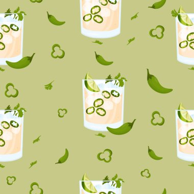 Seamless pattern with Mexican cocktail Spicy Jalapeno Margaritas on green background with chili peppers. Vector illustration. Continuous background pattern with latin american drink