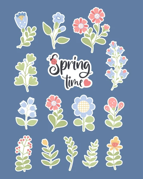 Fowers Collection Stickers Spring Time Vector Illustration Isolated Botanical Plants — Stockvector