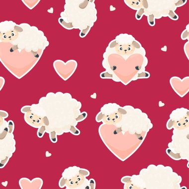 Romantic seamless pattern. Cute enamored sheeps on magenta background with hearts. Vector illustration. Endless background for valentines, wallpapers, packaging, print, childrens collection