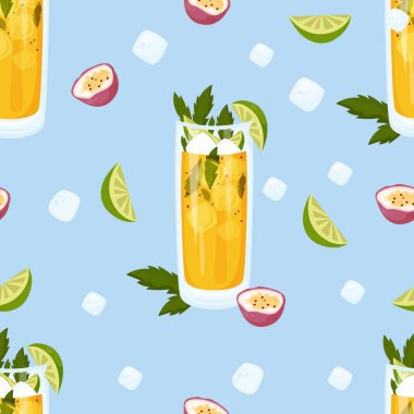 Seamless pattern with summer cocktail Passion Fruit Mojito. Cuban cocktail in glass with ice cubes, lime and mint on blue background. Vector pattern with latin american tropical drink
