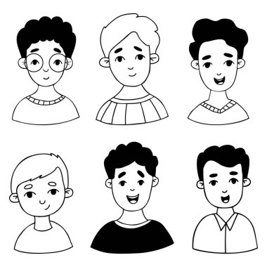 Cute kids boys. Collection portraits doodles. Vector isolated hand drawings for design and decor, kids collection.