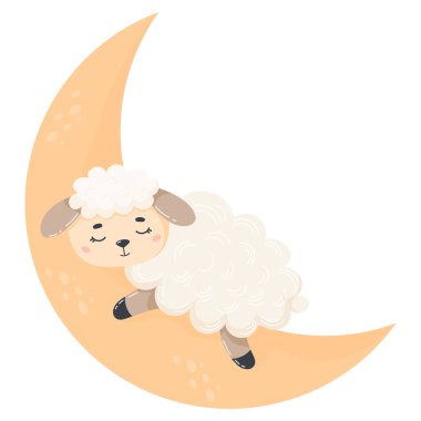 Cute sleeping sheep on moon. Vector illustration. Funny cartoon farm animal for kids collection, postcards, design, print