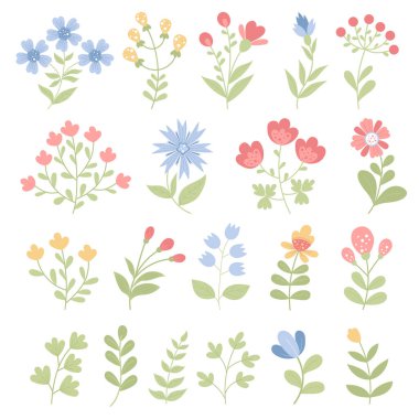 Big collection decorative flowers. Vector illustration in flat style. Isolated botanical plants and branches for design, decor, decoration, greeting and wedding cards