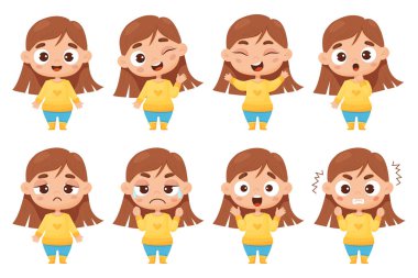 kids collection of emotions. Cute girl in full growth with different facial expressions and feelings - happiness, crying, anger, smile, delight, wonder. Vector illustration cartoon style for design