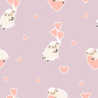 Romantic seamless pattern. Cute sheep with balloons and hearts on light purple background. Vector illustration. Endless background with funny cartoon farm animals