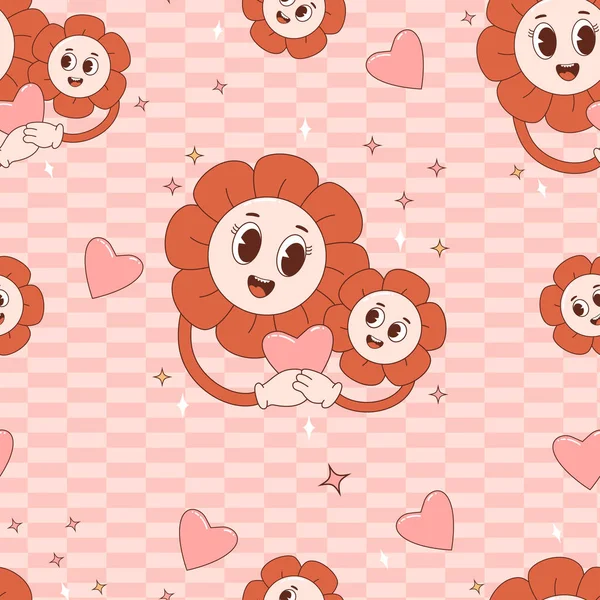 Retro Seamless Pattern Happy Cartoon Characters Groovy Daisy Flower Pink — Stockvector