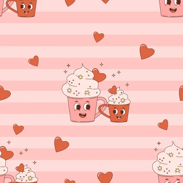 Retro Seamless Pattern Happy Cartoon Characters Dessert Cups Mom Baby — Stockvector