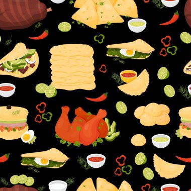 Seamless pattern with latin american cuisine. Mexican food Quesadilla, Taco, Empanadas, Achiote Chicken, grilled meat on black background. Vector illustration. Endless background traditional dishes
