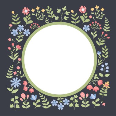 Square postcard, frame with floral pattern from decorative flowers on black background. In middle is an empty space for text. Vector illustration. Botanical card for design, postcards, decor, print