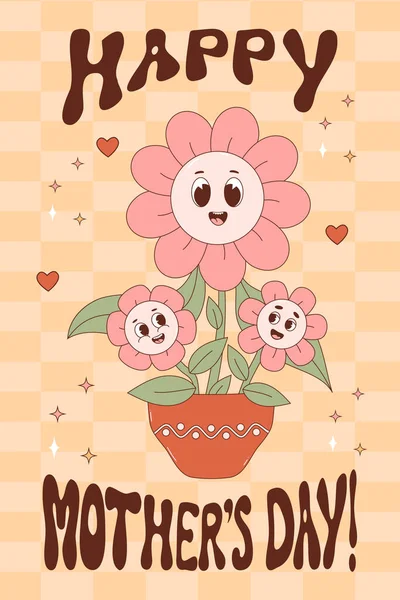 Happy Daisy Flowers Power Groovy Flowerpot Retro Character Family Mom — Stockvector