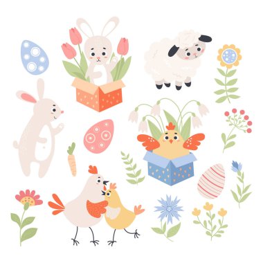 Spring collection. Easter animals, rabbit with tulips, chicken in box, couple poultry and cute sheep, eggs and flowers. Vector illustration. Isolated paschal symbols in flat cartoon style for design