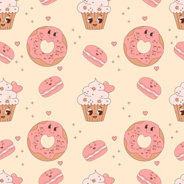 Seamless pattern with cute pastry characters. Cartoon donut, macaron and cake cupcake on yellow background. Vector Illustration for wallpaper, design, textile, packaging, decor, kids collection