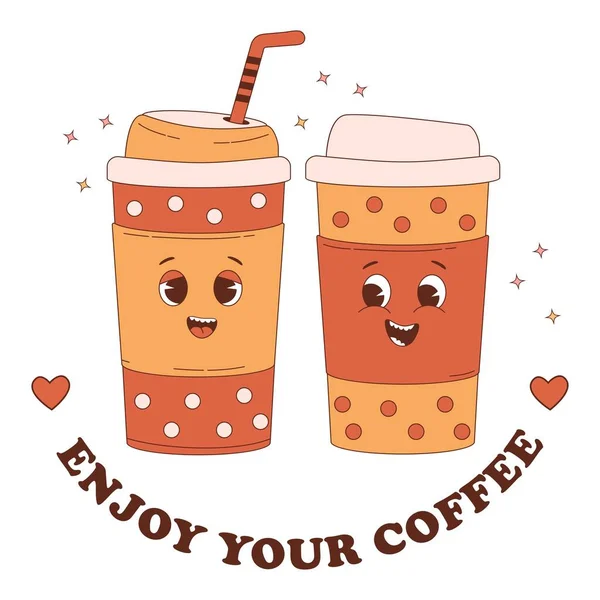 Coffee Couple Love Cute Characters Coffee Takeaway Paper Cup Vector — Vector de stock