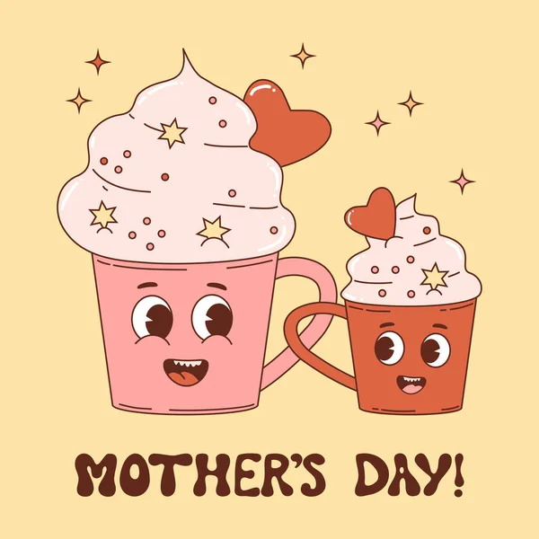 Family Cute Cups Dessert Retro Mascot Character Groovy Mom Baby — Stockvector