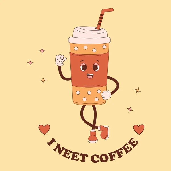 Cute Retro Character Coffee Takeaway Cup Vector Illustration Cool Mascot — Vector de stock