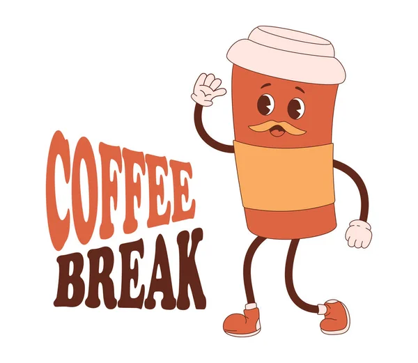 Funny Mustachioed Character Coffee Paper Cup Inscription Coffee Break Vector — Vector de stock