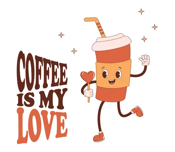 Funny Character Coffee Paper Cup Heart Vector Illustration Cool Cute — Vector de stock