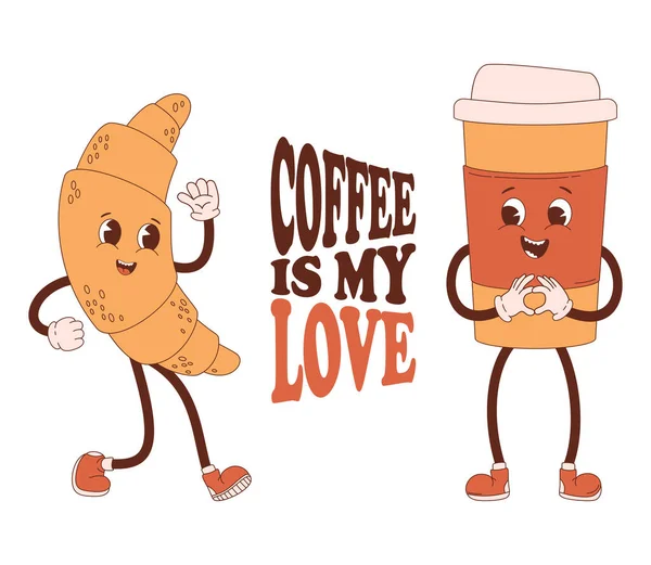 Cute Retro Characters Cool Coffee Paper Cup Takeaway Croissant Vector — Vector de stock