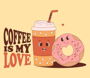 Cute retro enamored couple characters of coffee in paper cup and donut. Vector illustration. Cool funny mascot drink and food inscription Coffee is my love