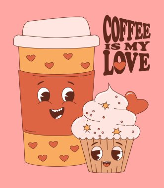 Loving couple coffee and cream cupcake. Cute retro characters coffee in cup takeaway and and muffin. Vector illustration. Cool vertical nostalgic postcard for funny cards, design and print