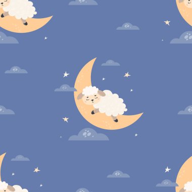 Seamless pattern with cute sleeping sheep on moon on blue background with clouds. Vector illustration. Template with farm animal for kids collection, packaging, textile, wallpaper, design, print
