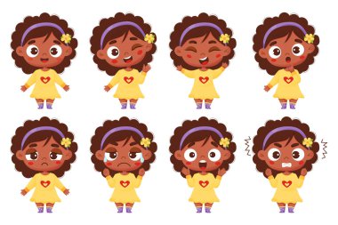 kids collection of emotions. Cute dark-skinned girl with different facial expressions and feelings - happiness, crying, anger, smile, delight, wonder. Vector illustration cartoon style for design