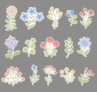 Decorative flowers. Big collection stickers  Vector illustration in flat style. Isolated botanical plants and branches for design, decor, decoration, cards