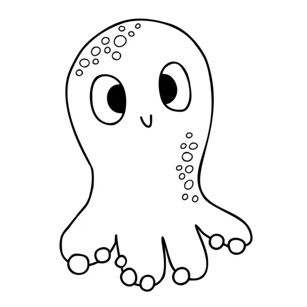 Cute Little Octopus Funny Underwater Animal Vector Illustration Outline Hand — Vector de stock