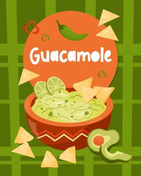 Guacamole Traditionelle Mexikanische Küche Grüne Guacamole Sauce Schüssel Mit Nachos — Stockvektor