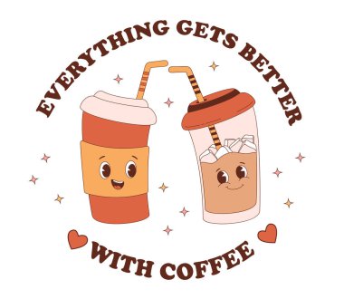 Kağıt bardakta tatlı bir çift retro karakter kahve siparişi. Harika bir maskot içkisi. Tasarım, kartpostallar, dekor, yazdırma için vektör illüstrasyonu