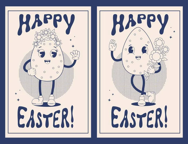 Boldog Húsvéti Plakátgyűjtést Retro Trendi Groovy Rajzfilm Karakterek Húsvét Tojás — Stock Vector