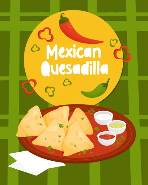 Mexikanische Quesadilla Traditionelle Lateinamerikanische Nationalspeise Vertikales Poster Mit Tortilla Schüssel — Stockvektor