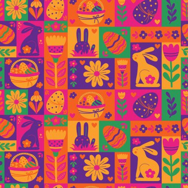 Paskalya deseni kusursuz. Tavşan, yumurta, sepet ve çiçeklerle tekrarlanabilir modern renkli döşeme dizaynı. Vektör çizimi. Tatil tasarımı için minimalizm geometrik soyut arkaplan