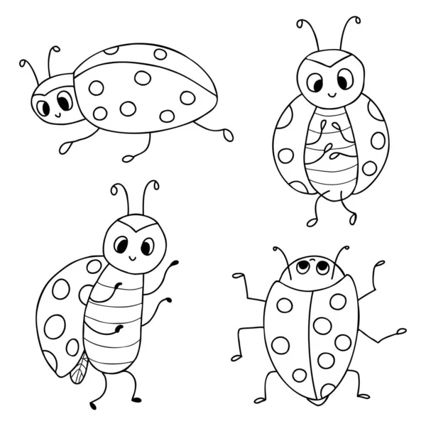 Colección Mariquitas Pequeño Insecto Divertido Ilustración Vectorial Dibujo Del Esquema — Vector de stock