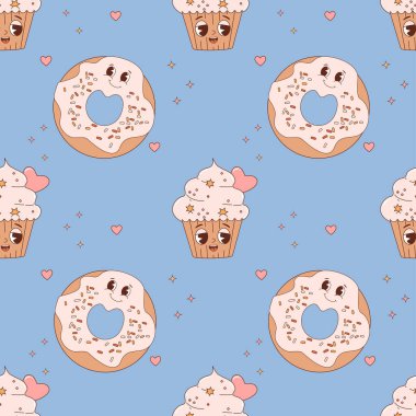 Pasta karakterli kusursuz desen. Mavi arka planda tatlı çörek ve kek. Duvar kağıdı, tasarım, tekstil, ambalaj, dekor ve çocuk koleksiyonu için vektör illüstrasyonu